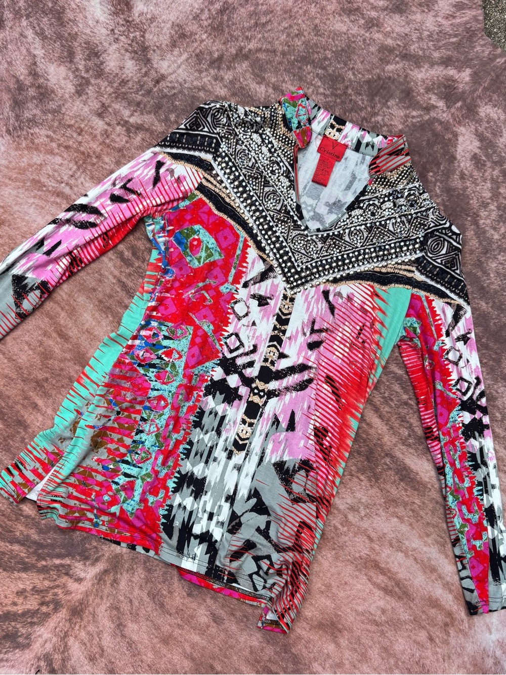 V Cristina Multicolor V-Neck Long Sleeve Top with Tribal Print